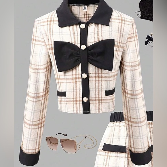 SHEIN Other - (B3)‎ SHEIN Girls Cream Black Plaid Bow Statement Jacket Top 8Y